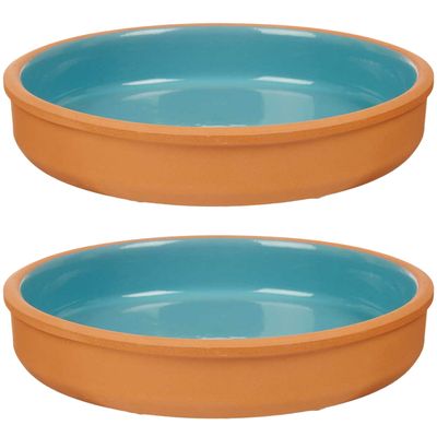 2x stuks tapas/hapjes serveren/oven schaal terracotta/blauw 23 x 4 cm