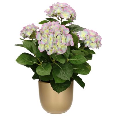 Hortensia kunstplant/kunstbloemen 45 cm - paars/groen - in pot goud glans