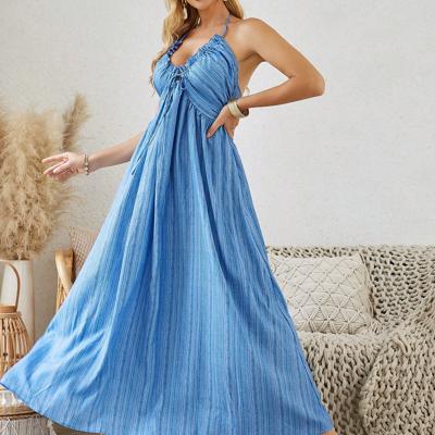 Boho Blue and White Striped Halter Neck Backless Maxi Dress DarkBlue / S