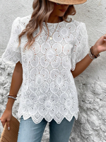 Women's Short Sleeve Shirt Summer White Floral Lace Lace Crew Neck Daily Going Out Casual Top