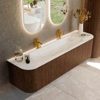 Badmeubel Mondiaz Kurve-Dlux | 170 cm | Meubelkleur Walnut | Wastafelkleur Ostra | Solid surface | Midden spoelbak | 2 kraangaten Badmeubel Mondiaz Kurve-Dlux | 170 cm | Meubelkleur Walnut | Wastafelkleur Ostra | Solid surface | Midden spoelbak | 2 kraangaten
