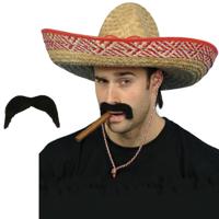 Carnaval verkleed setje - Mexicaanse sombrero hoed met plak nepsnor - naturel - heren - thumbnail