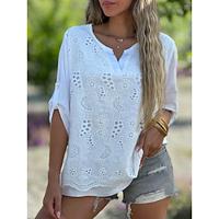 Dames Overhemd Blouse Geklede topjes Katoenmix Effen Kleur Geborduurd Vetergat Dagelijks Stijlvol Basic Lange mouw Gekerfde nek Zwart Zomer Lente Lightinthebox - thumbnail