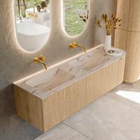 Badmeubel Mondiaz Kurve-Dlux | 155 cm | Meubelkleur Oak | Wastafelkleur Nata | Solid surface | Dubbel / Links spoelbak | Zonder kraangat(en)