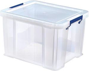Bankers Box opbergdoos 36 liter, transparant met blauwe handvaten, set van 3 stuks verpakt in karton