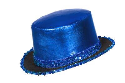 Hoge hoed lamee met paillettenband blauw