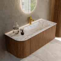 Mondiaz KURVE-DLUX 115 cm Onderkast Greeploos 1 Lade Met Deuren Walnut, Wastafel Solid Surface Rechts Glace 1 Kraangat Zonder Spiegel (KRVBGS115L1L1D1KR-Wal/Gla)