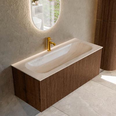 Badmeubel Mondiaz Kurve-Dlux | 110 cm | Meubelkleur Walnut | Wastafelkleur Meli | Solid surface | Wasbak midden spoelbak | 1 kraangat