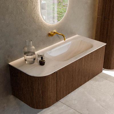 Badmeubel Mondiaz Kurve-Dlux | 115 cm | Meubelkleur Walnut | Wastafelkleur Meli | Solid surface | Wasbak rechter zijde spoelbak | Zonder kraangat(en)