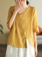 Loose V Neck Casual Cotton And Linen Blouse