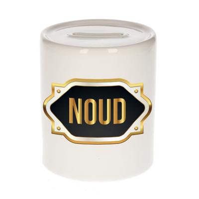 Spaarpot met voornaam Noud - wit - goud/zwart embleem - 8 x 9 cm - keramiek - afsluitdop