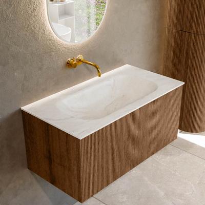 Mondiaz KURVE-DLUX 90 cm Onderkast Greeploos 1 Lade Zonder Deuren Walnut, Wastafel Solid Surface Midden Ostra 0 Kraangaten Zonder Spiegel (KRVBGS901L0D0KM-Wal/Ost)