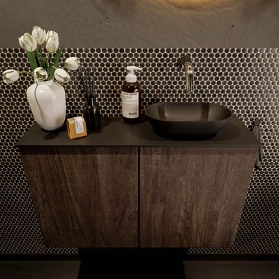 Mondiaz Fowy toiletmeubel 80cm dark brown met blad en waskom urban rechts zonder kraangat