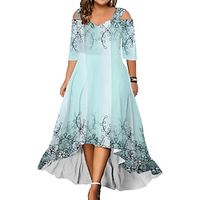 dames plus size curve feestjurk bruiloft gast jurk swing jurk lange jurk maxi jurk lichtgroen fuchsia groen halve mouw bloemen koude schouder zomer lente herfst v-hals mode verjaardag Lightinthebox