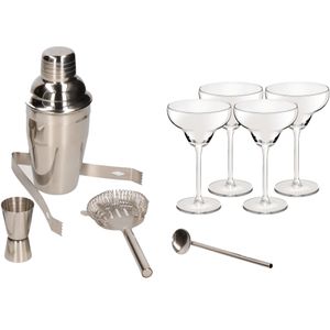 Cocktailshaker set RVS 5-delig inclusief 4x cocktail/margarita glazen 300 ml