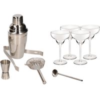 Cocktailshaker set RVS 5-delig inclusief 4x cocktail/margarita glazen 300 ml - thumbnail