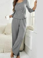 Casual Crew Neck Buttoned Two-Piece Set