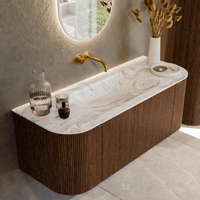 Badmeubel Mondiaz Kurve-Dlux | 120 cm | Meubelkleur Walnut | Wastafelkleur Glace | Solid surface | Midden spoelbak | Zonder kraangat(en)