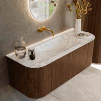 Badmeubel Mondiaz Kurve-Dlux | 120 cm | Meubelkleur Walnut | Wastafelkleur Glace | Solid surface | Midden spoelbak | Zonder kraangat(en)