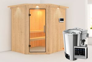 Karibu | Lilja Sauna met Dakkraag | Helderglas Deur | Biokachel 3,6 kW Externe Bediening