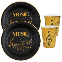 Muziek thema feest wegwerp servies set - 10x bordjes / 10x bekers - goud/zwart