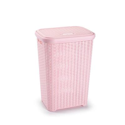 Plasticforte Wasmand met deksel - 60 liter - lichtroze - rotan - kunststof - L35 x B43 x H62 cm