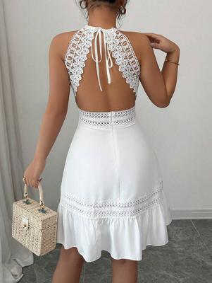 Bon&Bon Black Lace Halter Neck Backless Boho Beach Dress White_1 / L