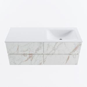 MONDIAZ VICA 120cm badmeubel onderkast Carrara 4 lades. Wastafel CLOUD rechts zonder kraangat, kleur Talc.