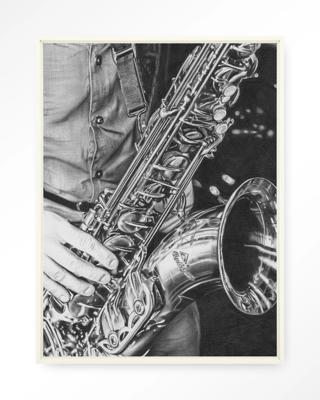 Urban Cotton Wandkleed 'The Man With The Sax' 110 x 145cm in Floating Frame - off white