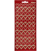Stickers, harten, vel 10x23 cm, goud, rood glitter, 1 vel