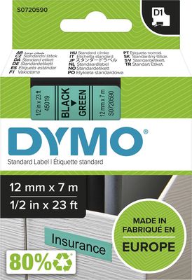 Dymo D1 tape 12 mm, zwart op groen