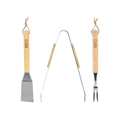 BBQ gereedschapset - 3-delig - tang/spatel/vork - RVS - houten handvat - 33 cm