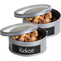 Kepser rond koekblik opbergblik/bewaarblik met krijtbord - 2x - Zilveren voorraadblik/koekblik