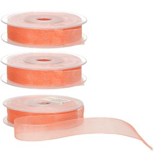 3x Hobby/decoratie koraal roze organza sierlinten 1,5 cm/15 mm x 20 meter