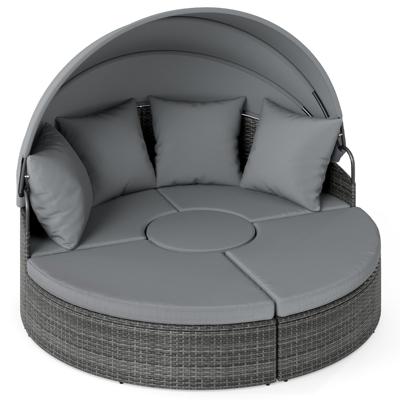 Zonne-eiland met Dak & Tafel & Zit- en Rugkussens Rotan Ligbed Tuinligbed Grijs