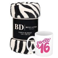 Cadeau verjaardag 16 jarige/ Sweet 16 set - Fleece plaid/deken zebra print met Sweet 16 mok