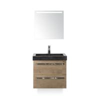 Seville Badmeubelset 60 cm - Natuur Eiken - Wastafel Hardsteen Wit Lucca - met Sence Spiegel