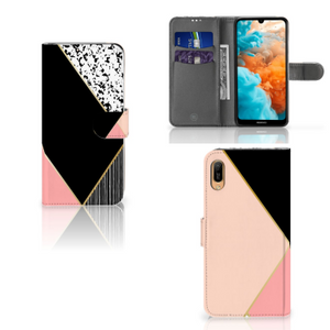 Huawei Y6 (2019) Book Case Zwart Roze Vormen