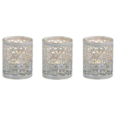Windlicht theelicht/waxinelicht houder - 3x stuks - zilver antiek - D6 x H7 cm