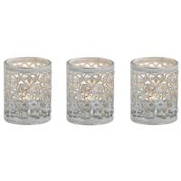 Windlicht theelicht/waxinelicht houder - 3x stuks - zilver antiek - D6 x H7 cm