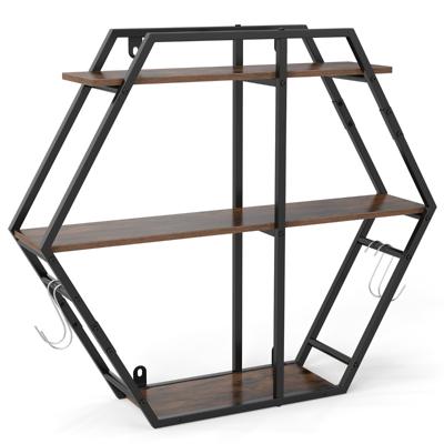 Industriële Hexagon Wandplank Decoratieve Zwevende Plank met 3 Niveaus Haken en Stevig Metalen Frame