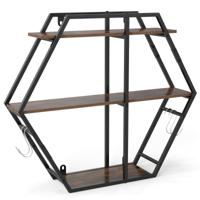 Industriële Hexagon Wandplank Decoratieve Zwevende Plank met 3 Niveaus Haken en Stevig Metalen Frame