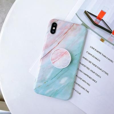 Marmer anti-drop TPU bescherming achtercover voor iPhone XS Max met opvouwbare houder (poeder blauw)