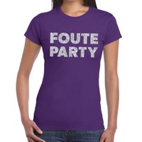 Foute Party zilveren glitter tekst t-shirt paars dames - thumbnail