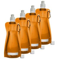 Waterfles/drinkfles opvouwbaar - 4x - oranje - kunststof - 420 ml - schroefdop - karabijnhaak