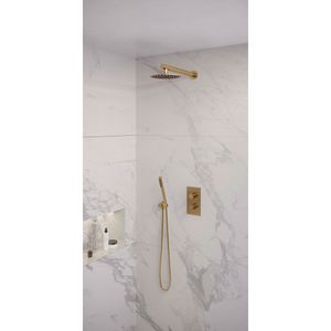 Regendoucheset Inbouw Brauer Gold Edition Thermostatisch 20 cm met 3-Weg Omstelling, Wandarm en Staaf Handdouche Geborsteld Goud Brauer
