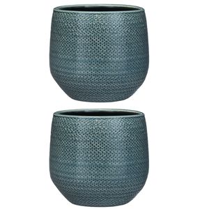 Set van 2x stuks bloempotten midnight blauw ribbels keramiek voor kamerplant H19 x D21 cm - Plantenpotten