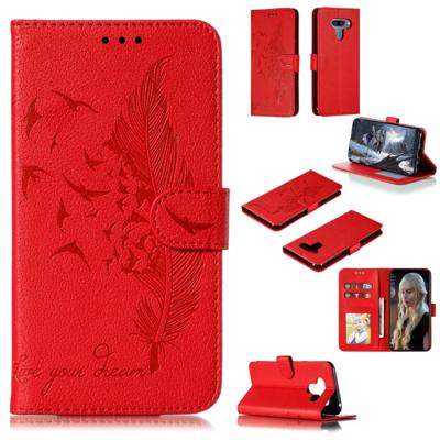 Feather patroon Litchi textuur horizontale Flip lederen draagtas met portemonnee & houder & kaartsleuven voor LG K50 (rood)