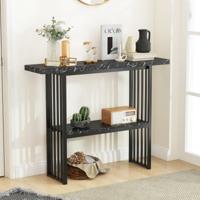 2-niveaus Console Tafel met Marmerlook Smalle Bijzettafel Haltafel met Metalen Frame Zwart
