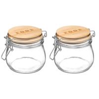 Weckpot/voorraadpot - 2x stuks - 500 ml - glas - houten deksel en beugelsluiting - luchtdichte afslu